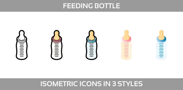 Jednoduché vektorové ikony láhve krmení ve třech stylech. Izometrický, ploché a linie umění ikony. — Stockový vektor