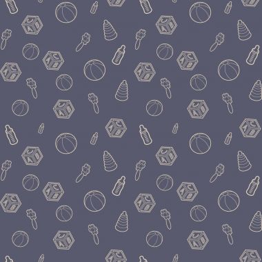 Bej satırı sanat simgesi bebek küpleri, Biberon ve yığın halkalar ile Seamless modeli. Vektör çizim. Elbise, imalat, duvar kağıtları, baskılar, hediye paketi ve karalama defteri için arka plan. 