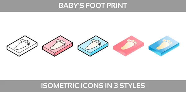 Jednoduché vektorové ikony z klasického baby stopa pro chlapce a dívky ve třech stylech. Izometrický, ploché a linie umění ikony. — Stockový vektor