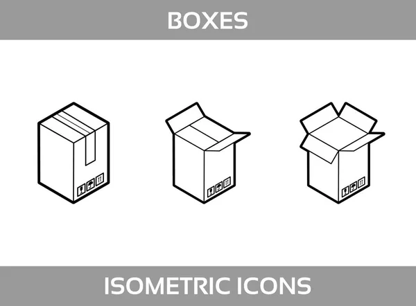 Izometrické kartonu balení krabice podle stylu art linie s poštovní známky směřovat nahoru křehké vektorové ilustrace — Stockový vektor