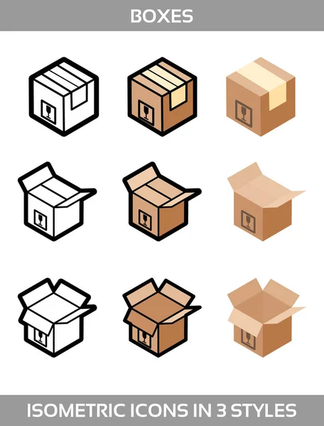Izometrické krabičkách balení nachází ve třech stylech s poštovní známky směřovat nahoru křehké vektorové ilustrace — Stockový vektor