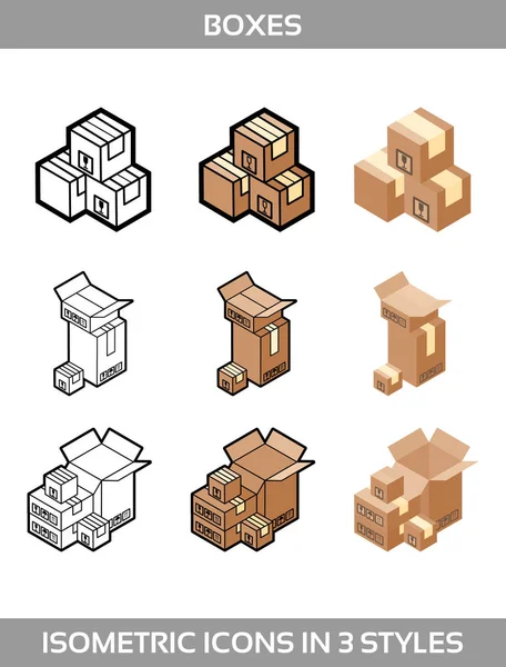 Izometrické krabičkách balení nachází ve třech stylech s poštovní známky směřovat nahoru křehké vektorové ilustrace — Stockový vektor