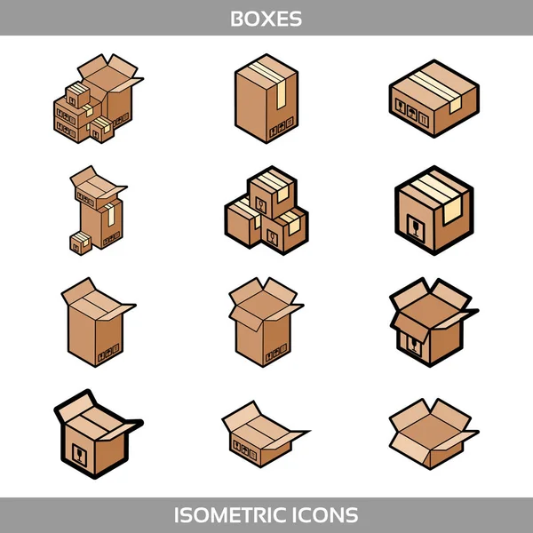 Izometrické krabičkách balení nachází v ploché styl s poštovní známky směřovat nahoru křehké vektorové ilustrace — Stockový vektor