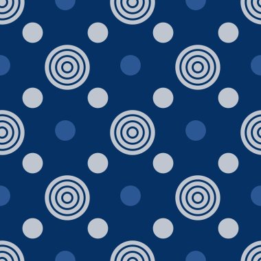 Farklı boyutlarda mavi daireler ile sorunsuz vektör soyut desen. Elbise, imalat, duvar kağıtları, baskılar, hediye paketi ve karalama defteri için arka plan. 
