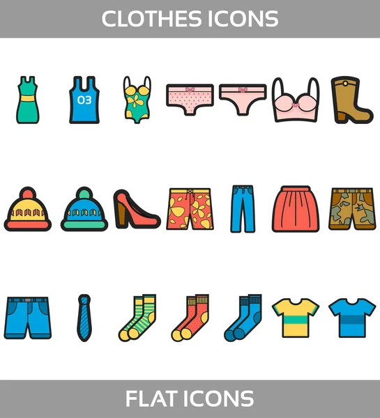 Basit Set ofclothes ve anahat simgeleri ile düz alışveriş vektör. İçeren suchiconsast-gömlek, bot, Ayakkabı, pantolon, şort, pantolon, takım elbise, çorap, şapka, iç çamaşırı ve daha fazla Yüzme.