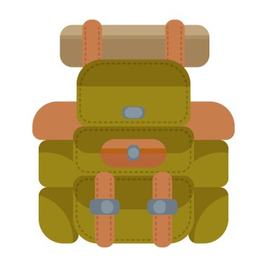 Anahat olmadan modern düz stil kamp çantada. Seyahat ve Turizm özniteliğidir. Orman ekipman. Vektör çizim