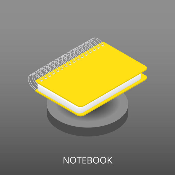 Closed realistic isometric notebook on grey background. Vector illustration of a spiral notepad. For school, work, office of education