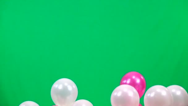 Slow Motion White Pink Balloons Fly Green Screen — Stock Video