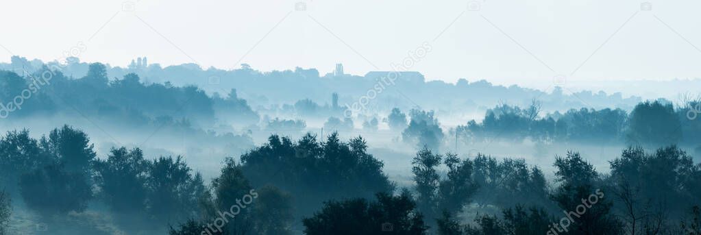 Panoramic view of a beautiful foggy countryside. Kirovograd region, Ukraine