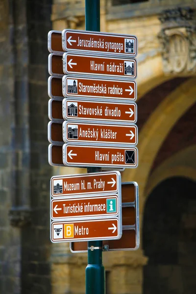 2015-06-08 Road signs of directions of main sights of Prague — Stock Photo, Image