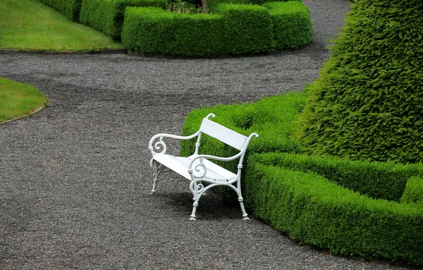 White beautiful bench lonely standing in a beautiful spring park — Stock Photo, Image