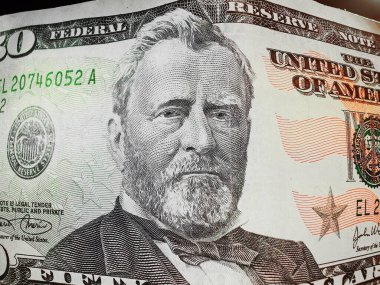  50 dolarlık banknot ters. Amerikan devlet adamı mucidi ve diplomat Ulysses S. Grant 'in portresi.
