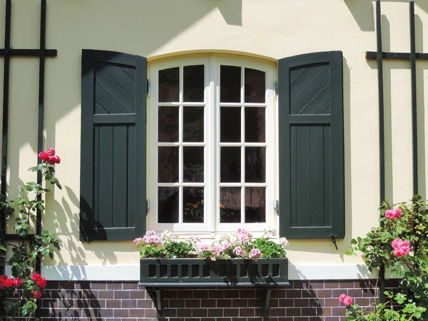 Güzel ev yeşil panjurlar ile pencere — Stok fotoğraf