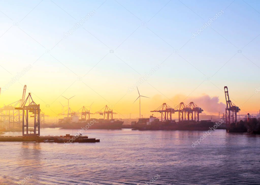 Sunset or sunrise at Hamburg Harbor