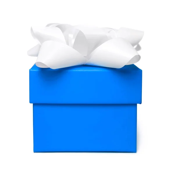 Caixa de presente azul com arco branco — Fotografia de Stock
