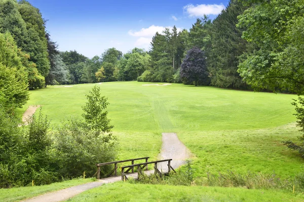 Park with wooden footbridge — Stock Photo, Image