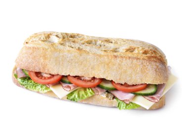 Lezzetli ciabatta sandviç jambon, domates, taze salata ve salatalık ile 