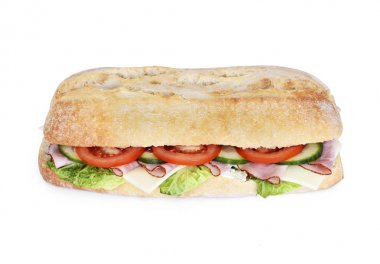 Lezzetli ciabatta sandviç jambon, domates, taze salata ve salatalık ile 