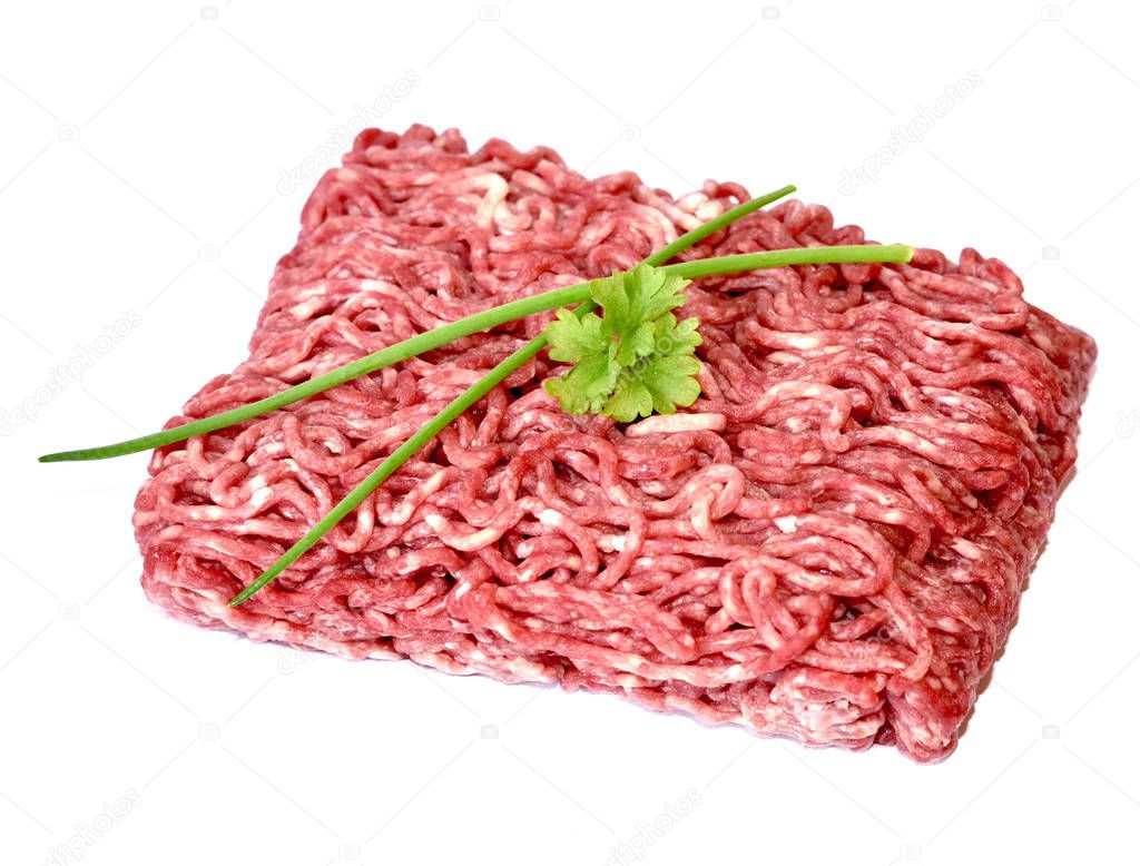 Raw minced meat or beef meat, isolated on white background. Fresh meat, cooking ingredient.