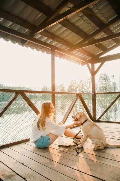 美しい少女と彼女の犬 — ストック写真