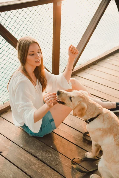 Mooi meisje en haar hond — Stockfoto