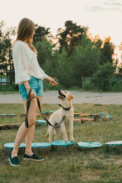 Belle fille et son chien — Photo