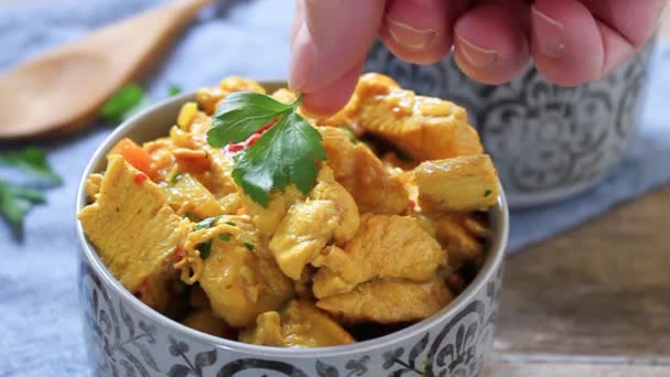 Chicken Curry Masala Stil Mit Koriander Auf Topf — Stockvideo