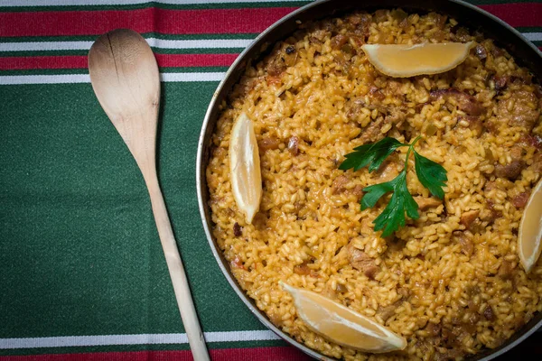 Arroz Espanhol Caseiro Com Legumes Carne Peixe — Fotografia de Stock