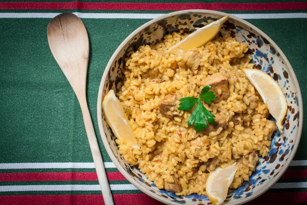 Arroz Español Casero Con Verduras Pescado Carne — Foto de Stock