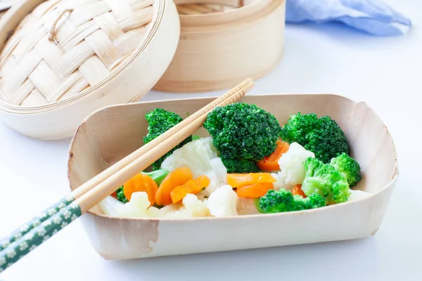 Assorted Boiled Vegetables Wooden Bowl Chopstick — Stock Photo, Image