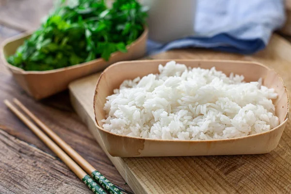 Boiled Rice Bambu Bowl Parsley — Stock Photo, Image