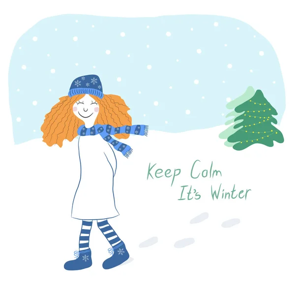 矢量插图 红发女孩在雪地里散步 卡片与 保持镇静它的冬天 — 图库矢量图片