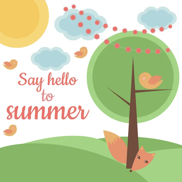 Card Fairytale Landscape Fox Birds Say Hello Summer Phrase Векторная — стоковый вектор