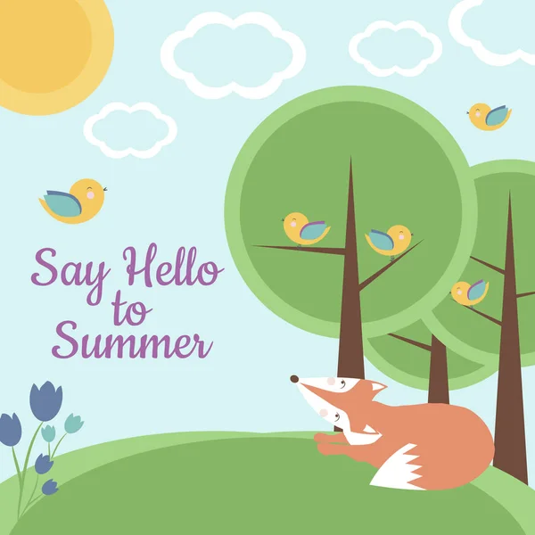 矢量卡片上有童话风景 狐狸和小鸟 说你好到夏天词组 完美的儿童卡 横幅和其他孩子的东西 — 图库矢量图片