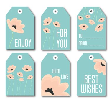 Altı şirin kullanımı redy Hediyelik Etiketler topluluğu. Mavi, beyaz ve bej 6 yazdırılabilir el çekilmiş tatil etiket kümesi. Vektör rozet tasarımı. Mükemmel günler için.