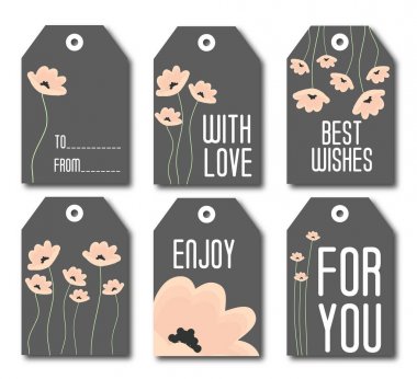 Altı şirin kullanımı redy Hediyelik Etiketler topluluğu. 6 yazdırılabilir kümesi el çekilmiş tatil etiket karanlıkta, gri, beyaz ve bej. Vektör rozet tasarımı. Mükemmel günler için.