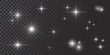 Vektör parlayan ışıklar etkisi, işaret fişeği, explosian ve yıldız. Özel efekt şeffaf arka plan üzerinde izole.