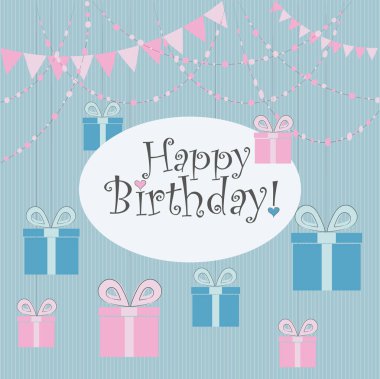 Vektör çizim. Doğum günü kartları, kartpostallar, çıkartmalar, etiketleri, afiş, poster ve pembe ve mavi renklerde parti garland, bayraklar ve hediye kutuları ile diğer şeyler için mükemmel
