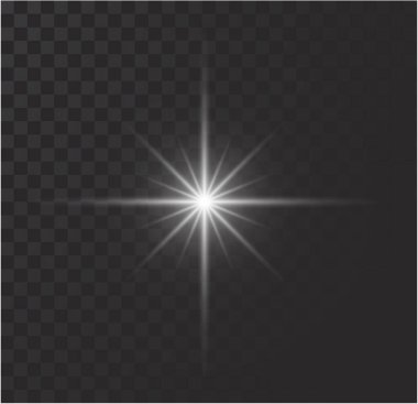 Şeffaf beyaz parlayan ışık patlaması. Işın parıltılarıyla serin efekt dekorasyonu için vektör illüstrasyonu. Parlak yıldız. Şeffaf parlak parlak parıltı, parlak alevler. Parlak desen.