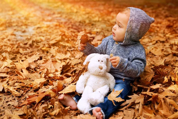 Carino piccolo bambino nel parco autunnale — Foto Stock