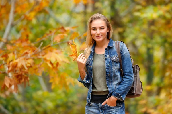 Mooi meisje in herfst bos — Stockfoto