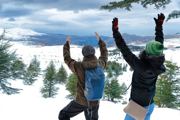 Twee vrienden genieten van wintervakantie — Stockfoto