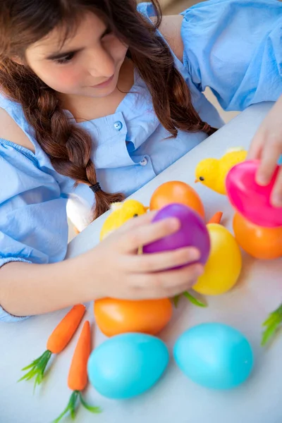 Closeup Photo Cute Little Girl Playing Colorful Eggs Little Chicks — Stock Photo, Image