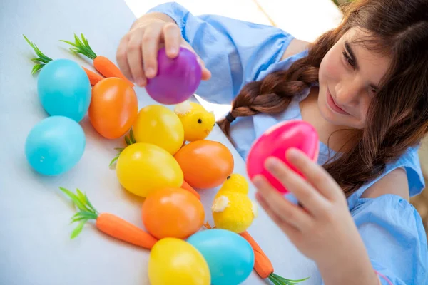 Closeup Photo Cute Little Girl Playing Colorful Eggs Little Chicks — Stock Photo, Image