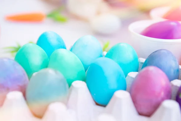 Foto Primo Piano Molte Uova Pasqua Colorate Diverse Cibo Tradizionale — Foto Stock