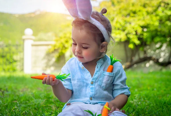 Portrait Nice Little Boy Wonder Looking Carrot Sweet Child Dressed — Stock Photo, Image