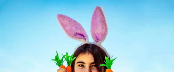 Closeup Portrait Pretty Girl Wearing Cute Pink Bunny Ears Blue — Stock Photo, Image