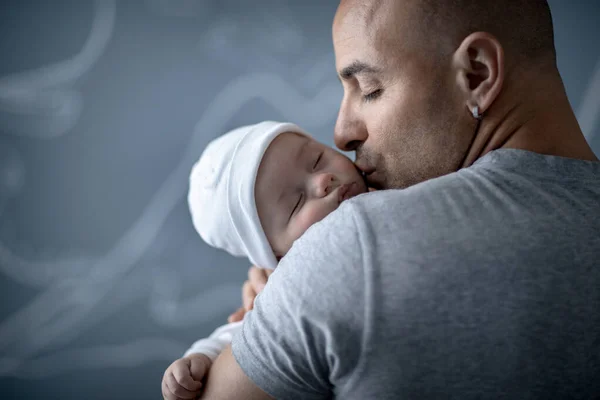 Portrait Happy Father Gentleness Kissing His Newborn Baby Young Family — Stock Photo, Image