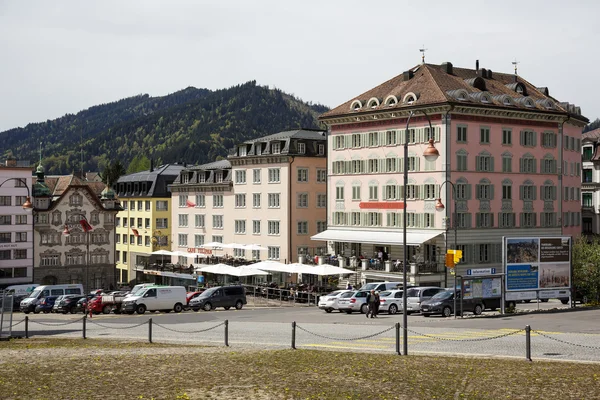 Kleurrijke gevels van gebouwen in Einsiedeln — Stockfoto