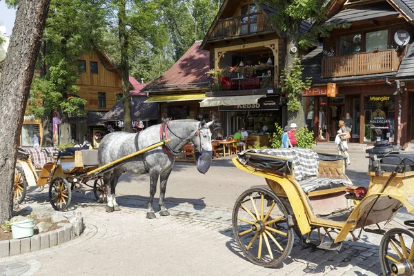 Häst vagnar i Zakopane på Krupowki street — Stockfoto